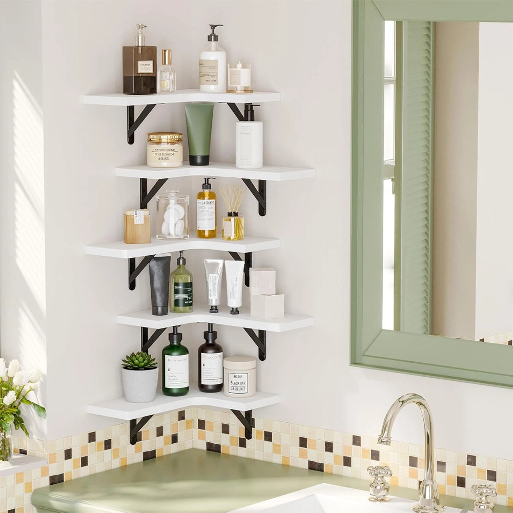 Set 5 Mensole Angolari a Parete in Legno Bianco Mensola Scaffale Angolo da Muro