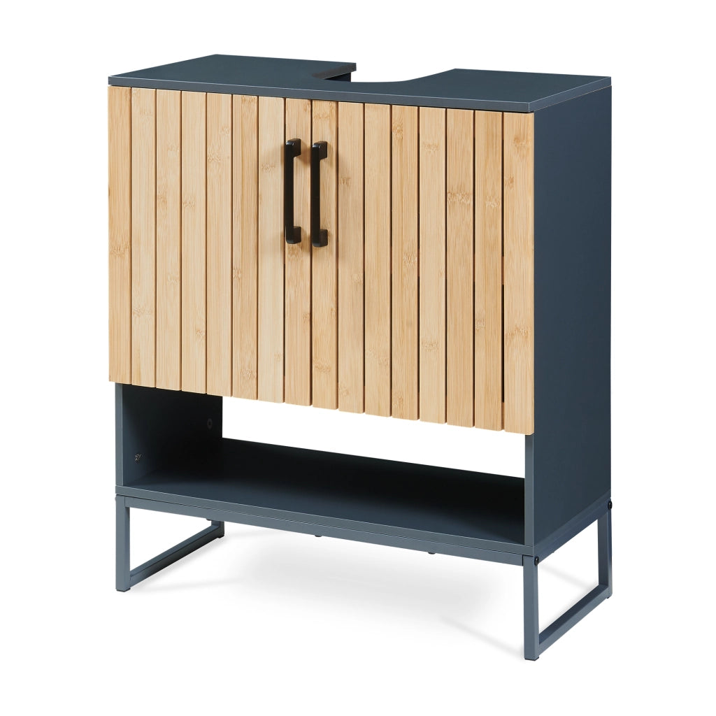 Mobile Sottolavabo Svanes a 2 Ante in Bambù 2 Scomparti Chiusi e Vano Aperto 70 x 60 x 30 cm - Grigio Scuro/Naturale [en.casa]