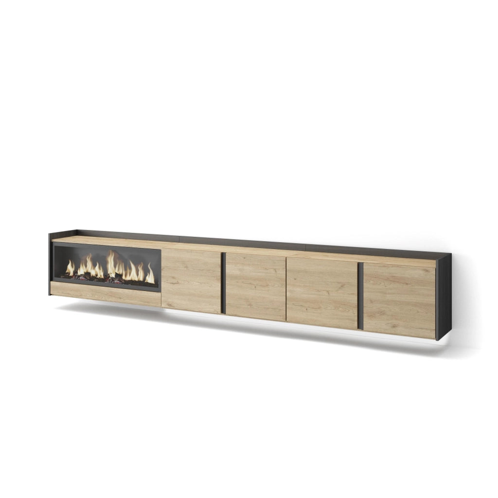Mobile TV Soggiorno, 315x50x35 cm, Per TV fino a 80", Camino elettrico XXL, Sospeso, da appendere, LED, Rovere e nero