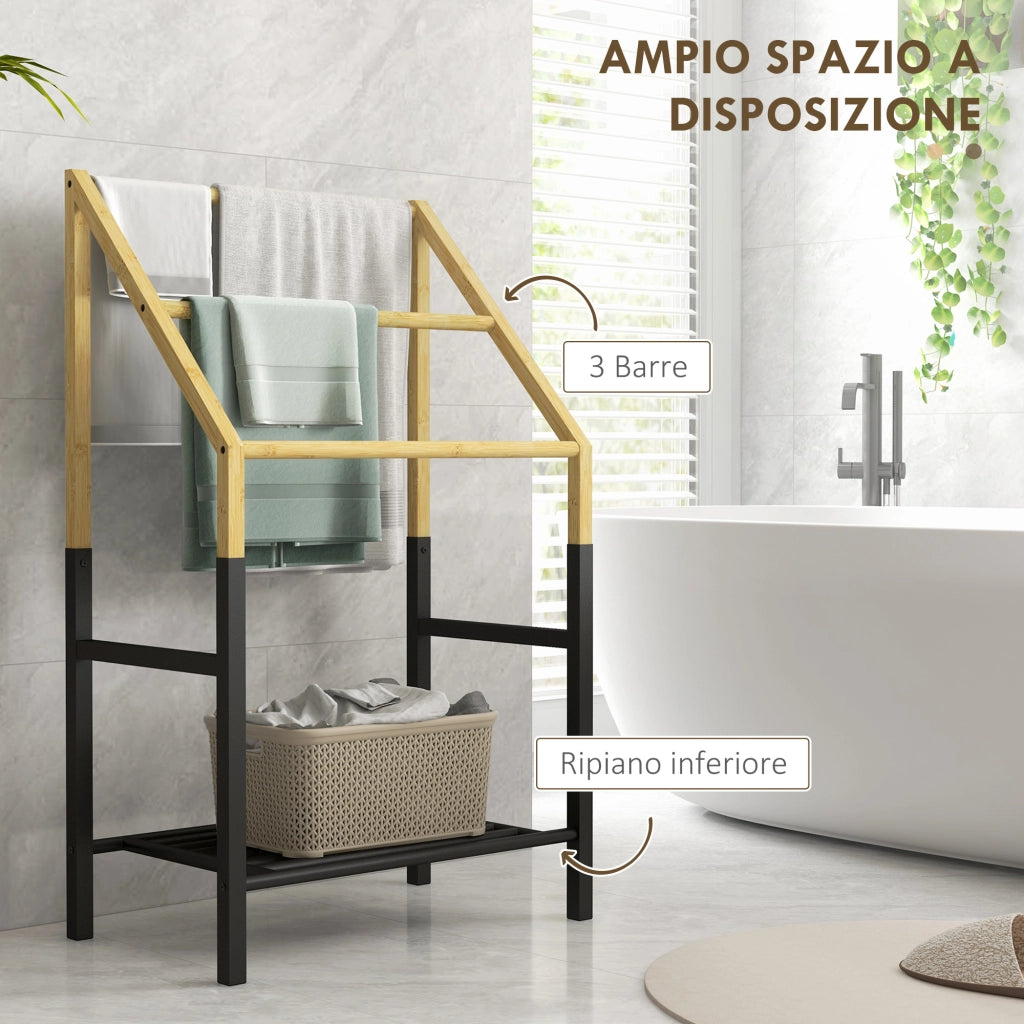 Portasciugamani a Terra con Ripiano ¨C Zephmum ¨C Nero e Legno 51x31x85.5 cm