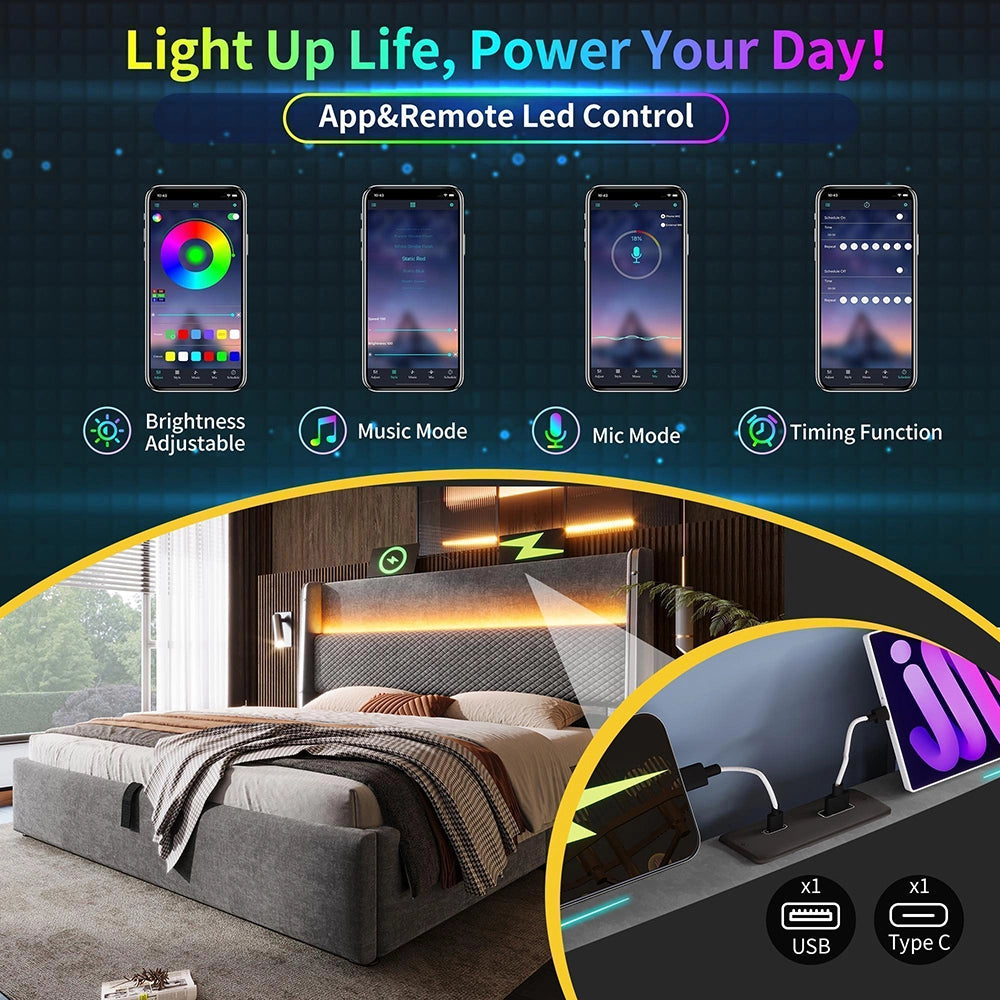 Letto 180x200cm?- Xylo - idraulico LED USB lino grigio