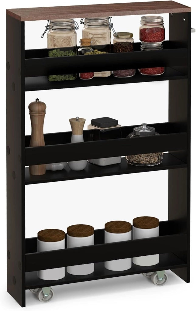 Carrello per Nicchia con Ruote, 4 Livelli，Carrello di Servizio Stretto Salvaspazio, da Bagno, Scaffale da Cucina Sottile 47,5 x 13 x 80,5 cm (Marrone+Nero, Largo 13 cm)