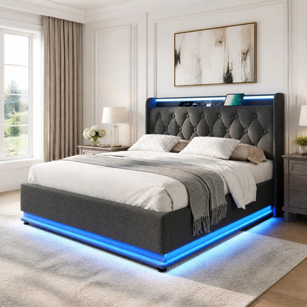Letto imbottito 180x200 cm grigio con LED, contenitore idraulico, USB Type-C e rete a doghe