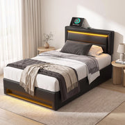 Letto imbottito 90x190 cm con contenitore, LED e ricarica USB in PU nero