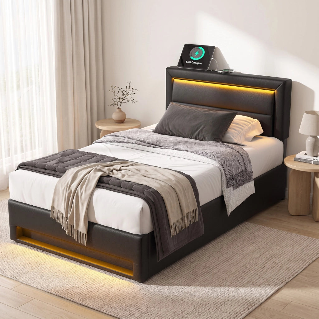 Letto imbottito 90x190 cm con contenitore, LED e ricarica USB in PU nero