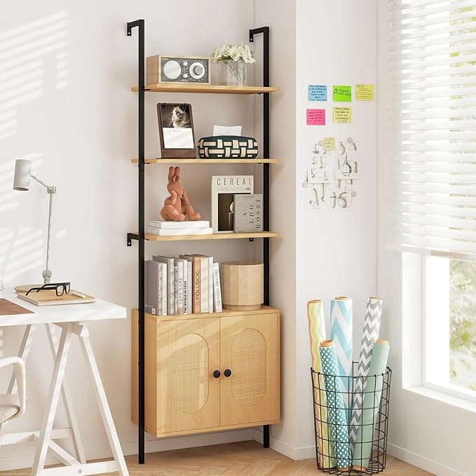 Scaffale Salvaspazio 60 x 30 x 184 cm, Libreria a 3 Livelli con Ripiano Regolabile, Struttura in Metallo, Armadietto in Rattan e Scaffale Aperto, Mobile Bagno per Soggiorno e Ufficio