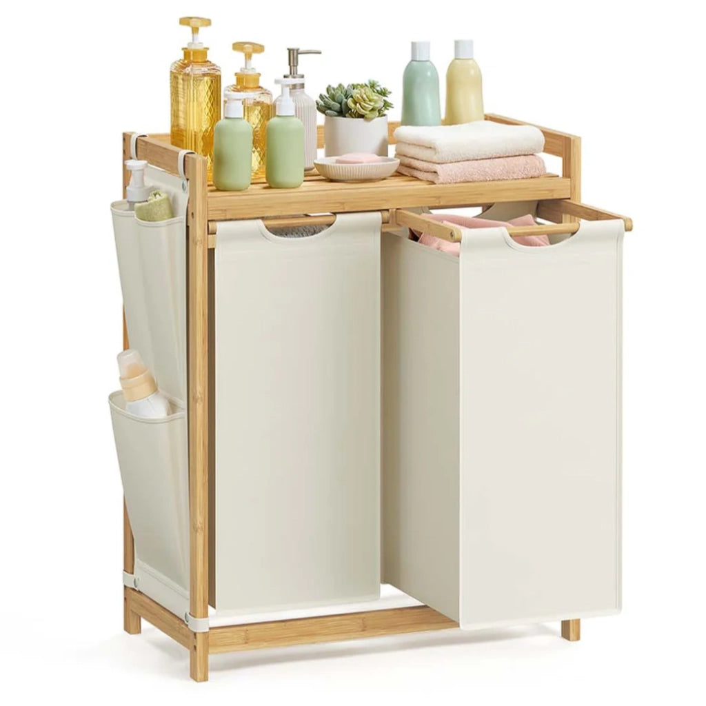 Cesto portabiancheria con 3 scomparti cesto portabiancheria in bambù capacità 150 litri con ripiano e tasche laterali (3 x 50 litri) 94 x 33 x 78 cm beige 12_0006669