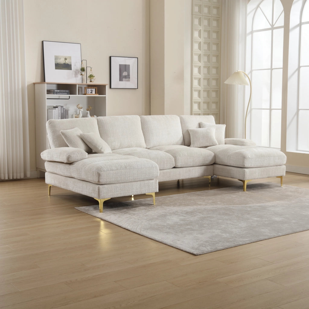 OKWISH Divano Panoramico a U, Doppia Chaise Longue con Cuscini Schienale e Piedi in Metallo, Ciniglia Beige 272 × 136 × 88 cm