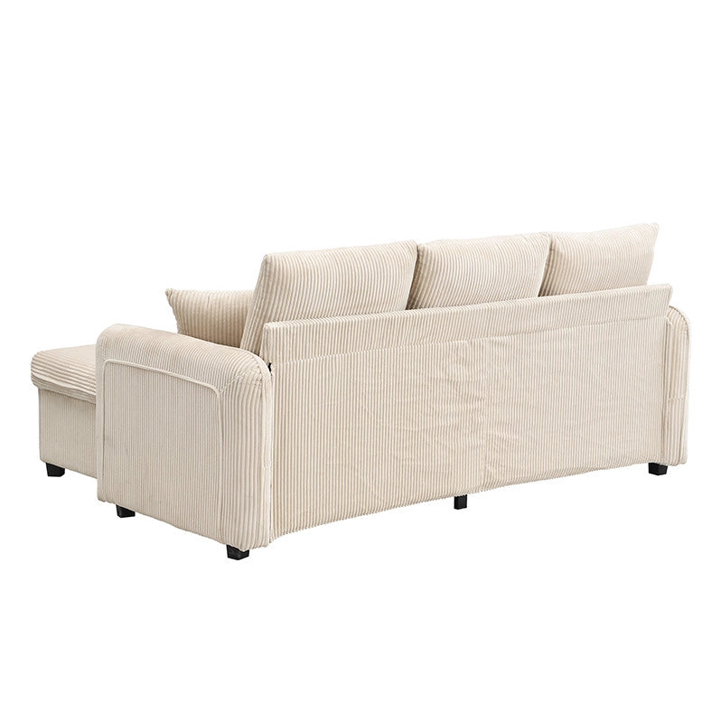 Divano 3 posti modulare con 2 pouf contenitore; tessuto cord beige; 188x186x86 cm