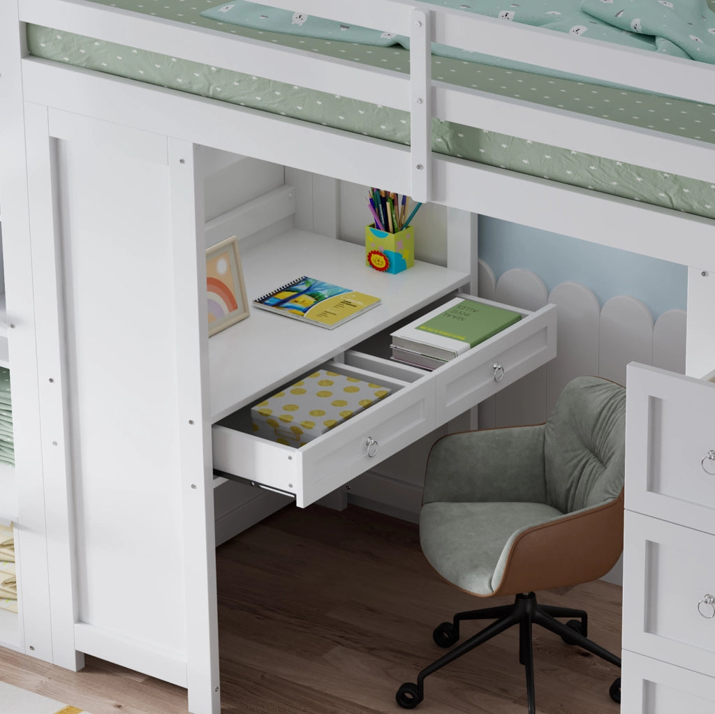 LETTO a soppalco multifunzione 90x200 cm bianco con scrivania e cassetti