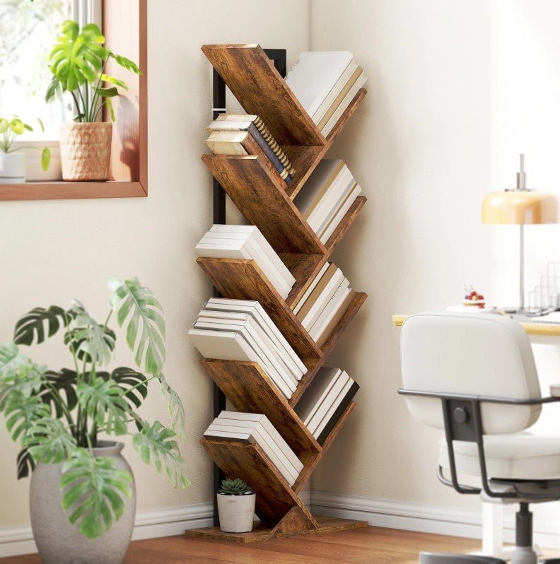 Libreria 50x24x136 cm a forma di albero con 9 ripiani in legno marrone rustico