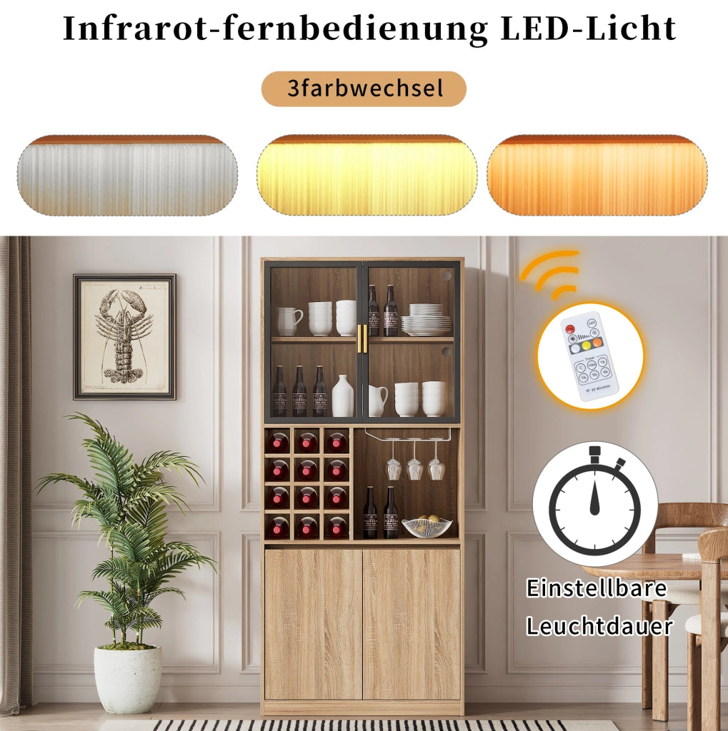Mobile contenitore con ante in vetro e illuminazione LED 180 cm; in MDF naturale