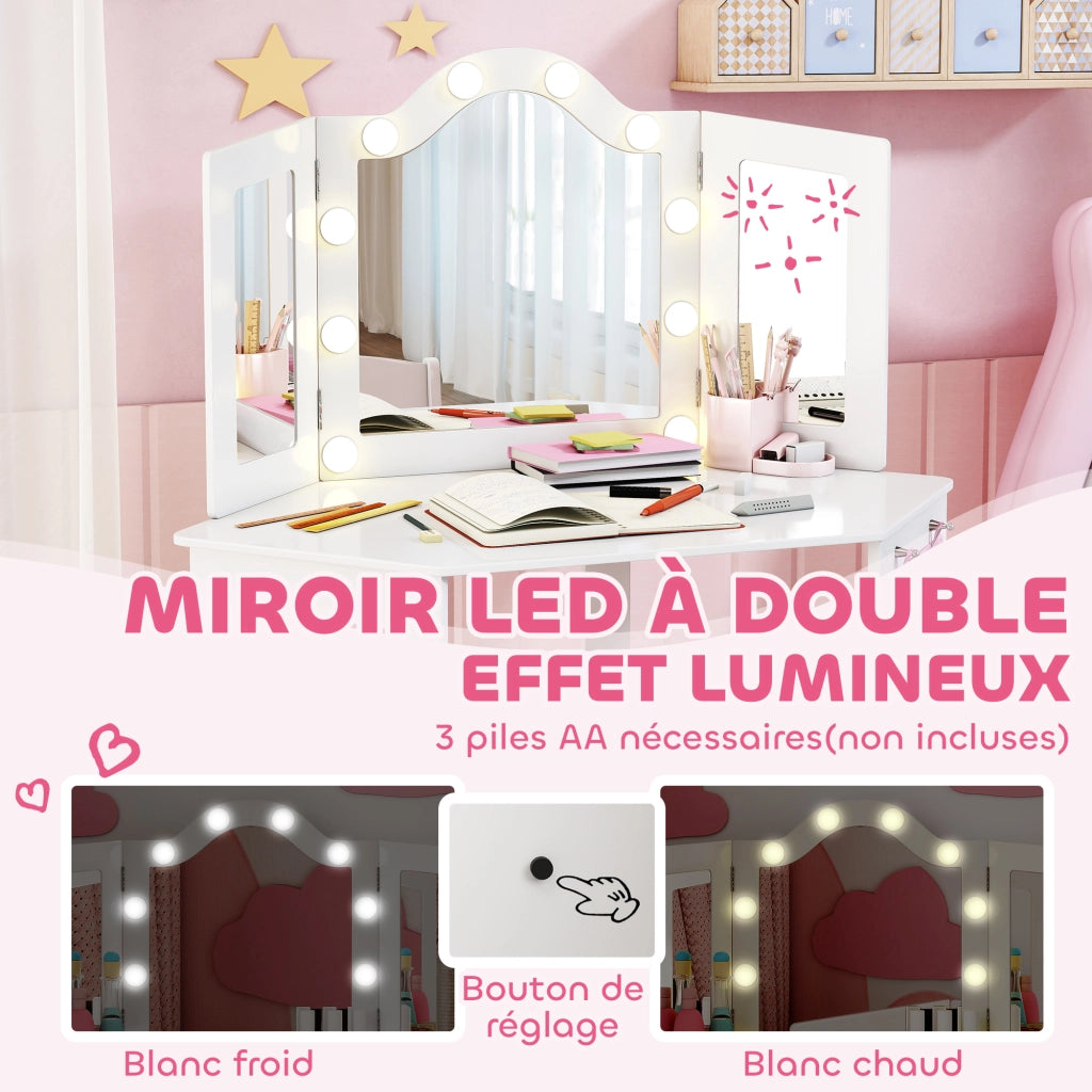 Tavolo trucco bambini con specchio e luci LED ¨C zephmum ¨C bianco 93.6x48.5x111.5 cm