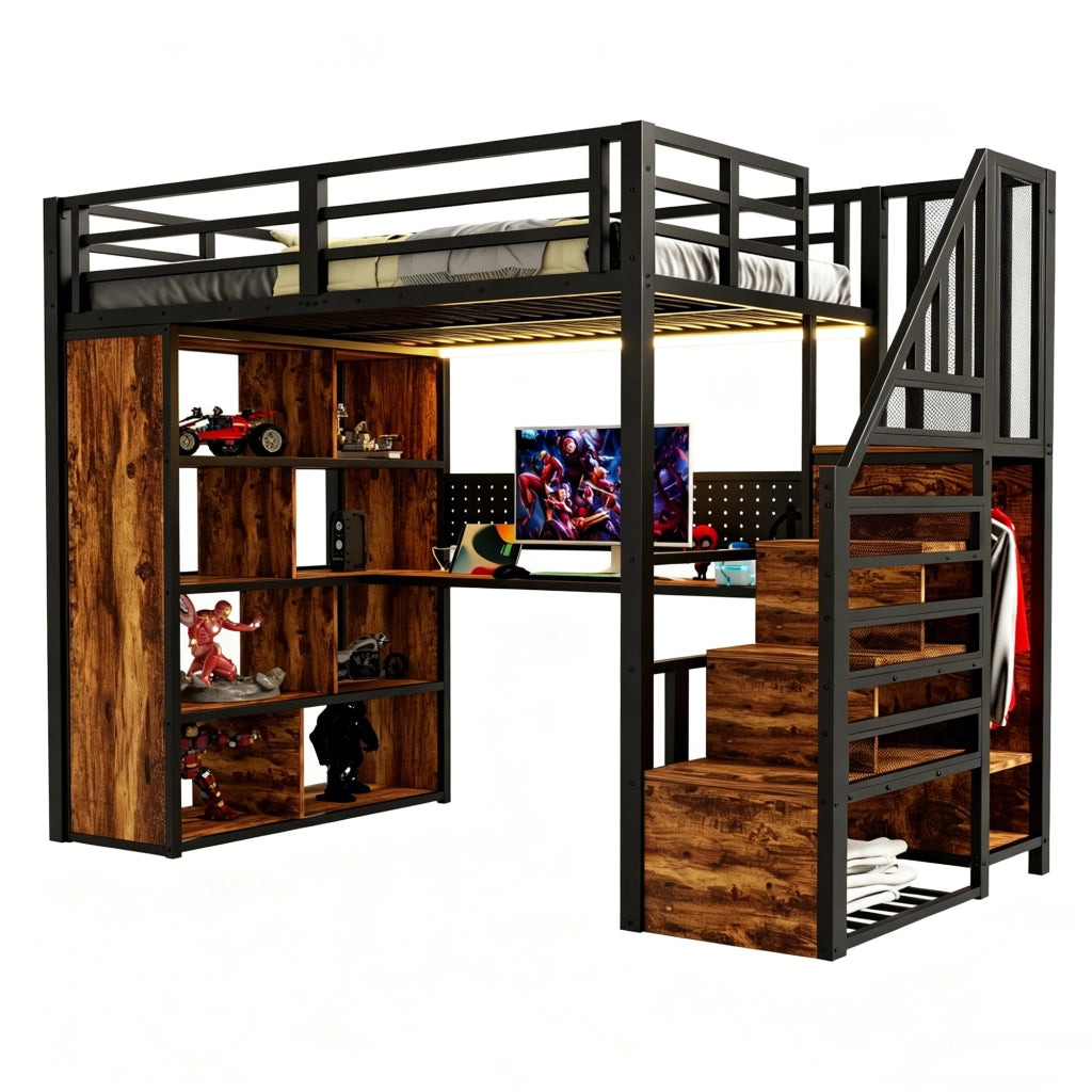 Letto a soppalco in metallo 90x200 con scrivania; armadio e LED; nero