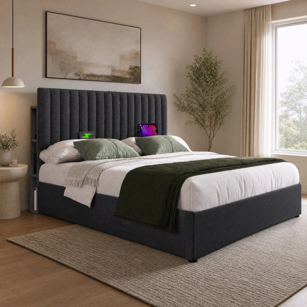 LETTO Contenitore 140x200 cm Grigio in Lino con LED, USB e Type C