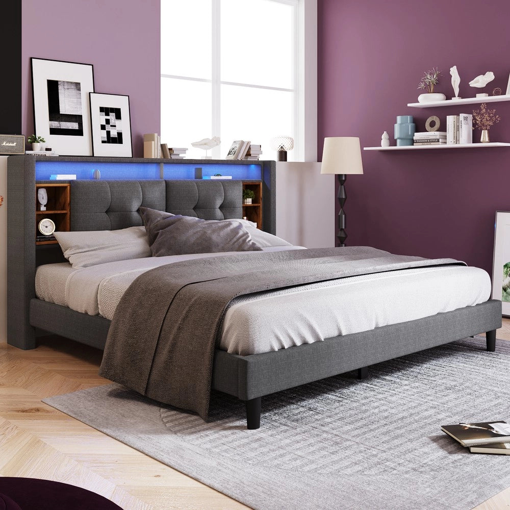 Letto Contenitore Matrimoniale Imbottito con LED e USB ¨C MINIMAL ¨C Grigio 140x200, Rete a Doghe in Legno