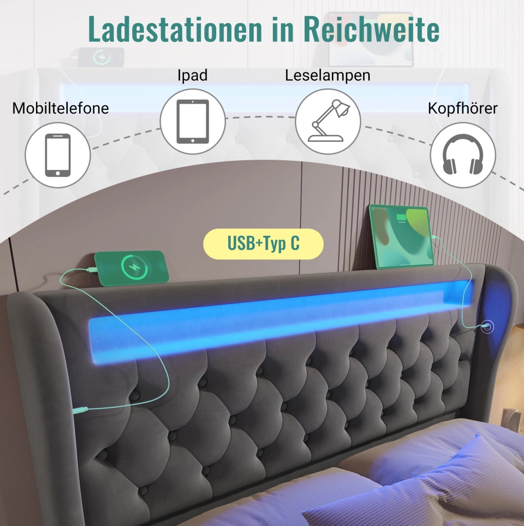 Letto matrimoniale 140x200 cm in velluto grigio con LED; contenitore; USB e Type C; con materasso
