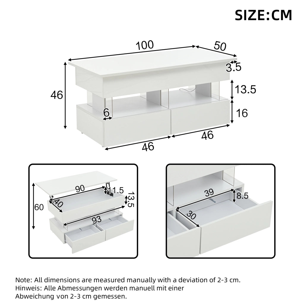 Tavolino da caffè 100 x 50 x 46 cm con piano sollevabile; 2 cassetti; LED; MDF bianco