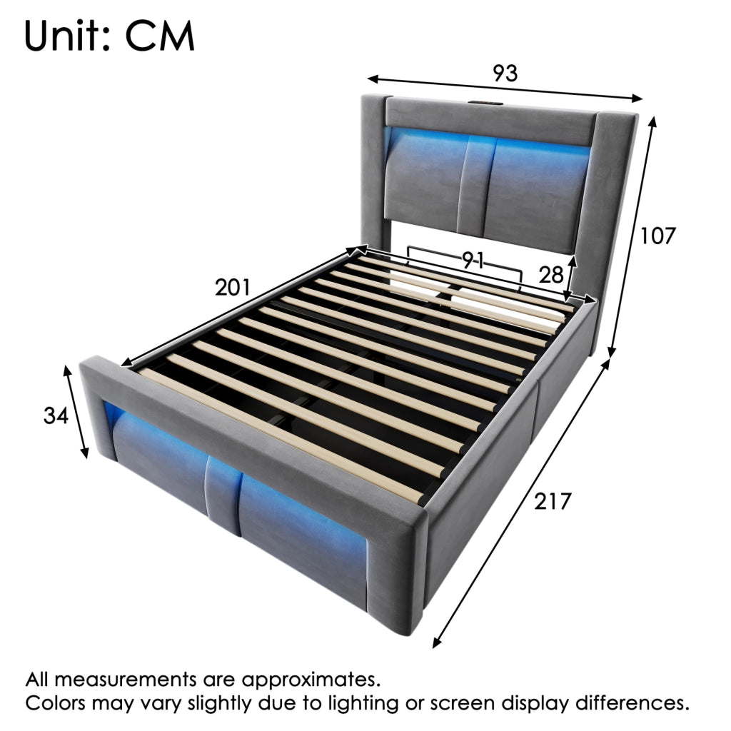 Letto singolo 90x200 cm con contenitore; LED; porte USB e USB C; velluto grigio