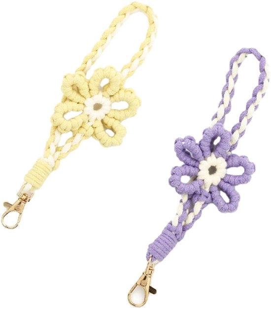 Sostegno per chiavi a macramé con design floreale - 2 pezzi - 18 cm - foro a coda di cavallo - cordino per chiavi - modello a motivi floreali