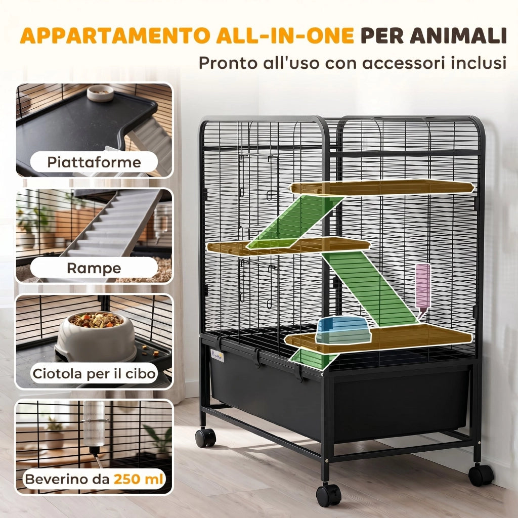 Gabbia per Conigli 4 Livelli ¨C zephmum ¨C Acciaio Nero con Ruote e Vassoio Rimovibile