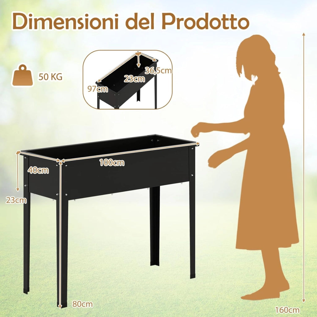 Letto da Giardino Rialzato, Fioriera Elevata con Gambe, Fori di Drenaggio, Aiuola Rialzata per Verdure, Frutta, Fiori e Erbe, Ideale per Balcone, Cortile e Patio, 100 x 40 x 80 cm