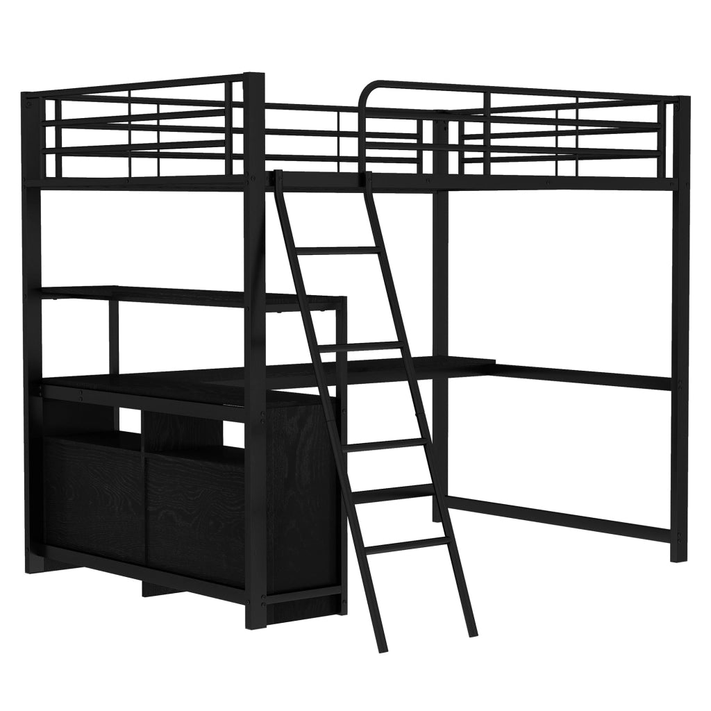 OKWISH Letto a soppalco 140×200 cm, Letto Matrimoniale con Scrivania ad L, 4 Cassetti e Vani, senza Materasso, in Metallo e MDF, Nero