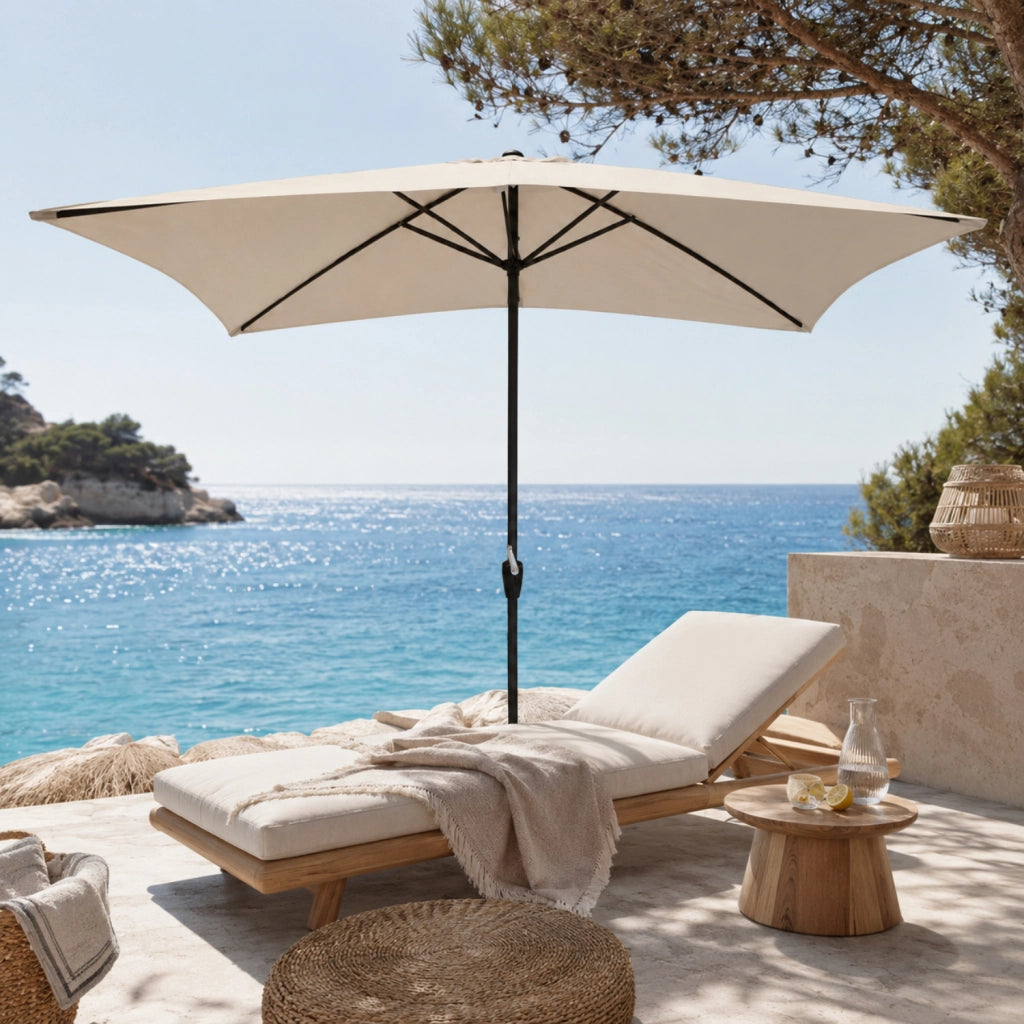 Ombrellone Rettangolare 3 x 2 M Da Giardino Parasole Per Balcone Con Air Vent Apertura A Manovella Anti UV Idrorepellente Per Mare Spiaggia Piscina Terrazzo Design Bahamas Beige