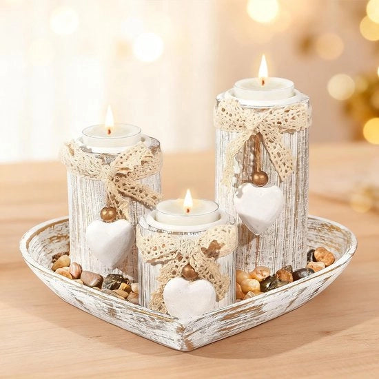 Set di 3 sostenitori di candela in legno con piastra di servizio: insieme per decorazione di tavola e matrimonio, regalo di compleanno per mamma, decorazione romantica per la casa, forma a cuore.