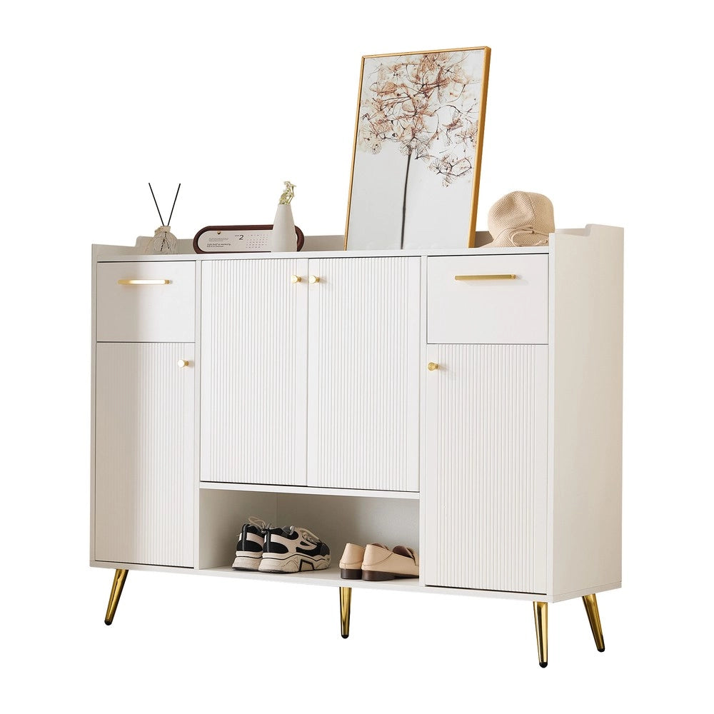 Scarpiera con 2 Cassetti e 4 Ante ¨C MINIMAL ¨C Bianco, Metallo, 130x37x100 cm