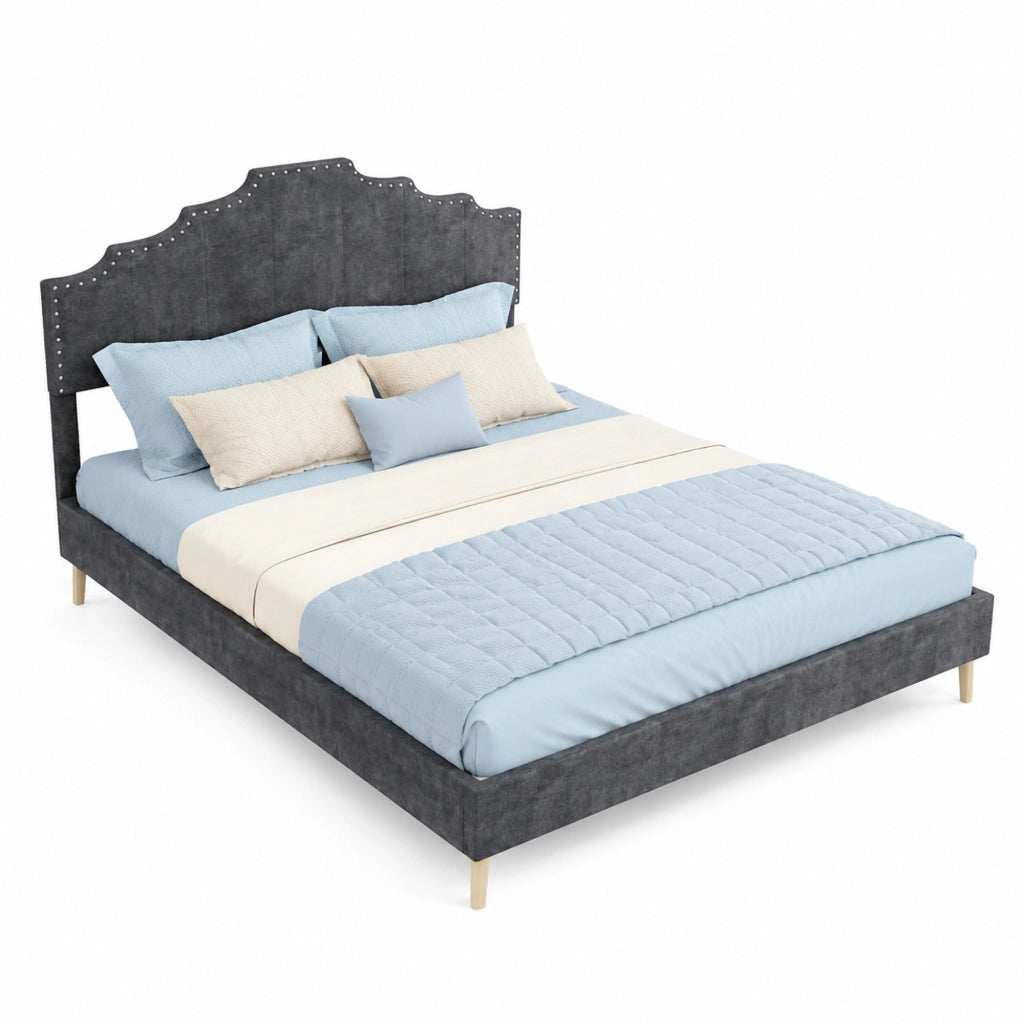 Letto imbottito con testiera geometrica e rete a doghe; 140 x 200 cm; grigio