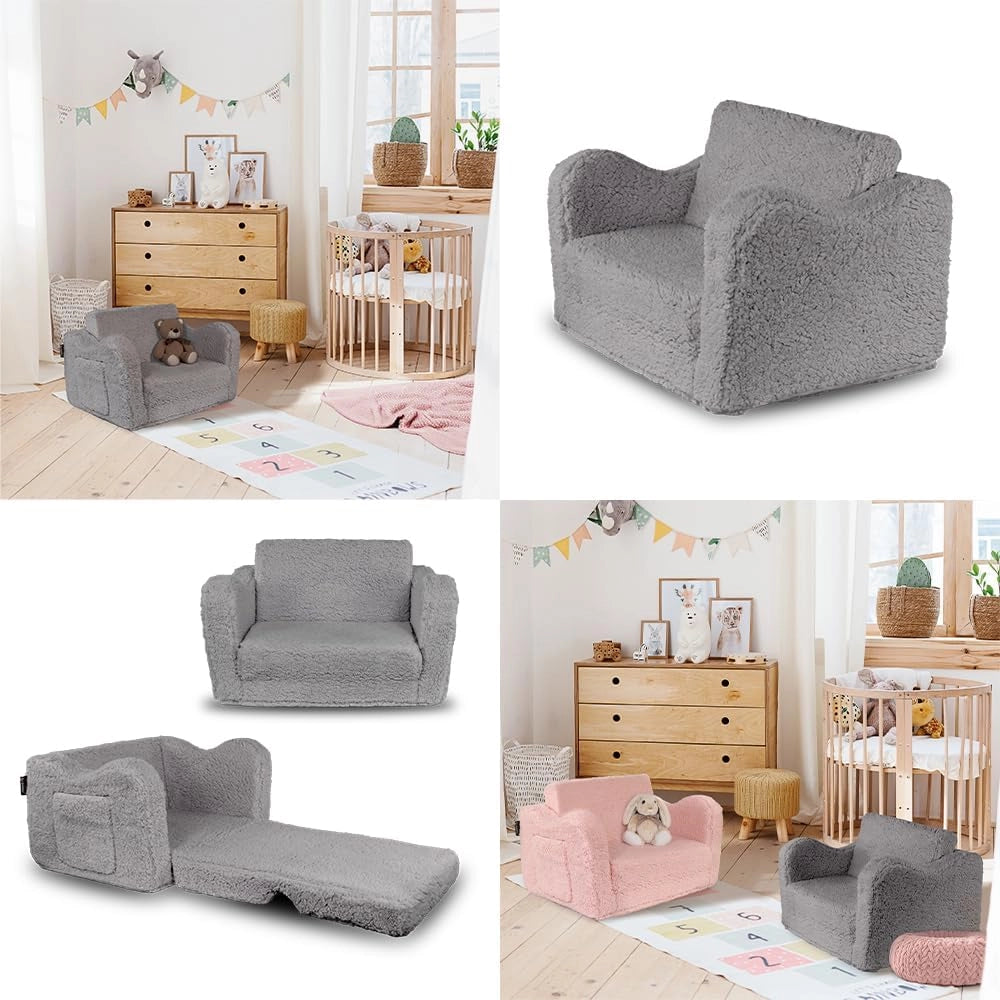 Poltrone per bambini Conni, Grigio, 60 x 36 cm Pieghevole, con rivestimento rimovibile e seduta pieghevole