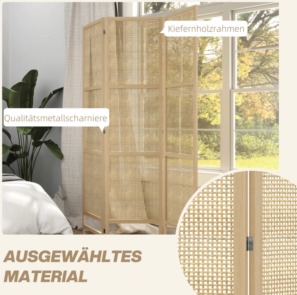 Paravento pieghevole a 3 pannelli in rattan 135 x 180 cm
