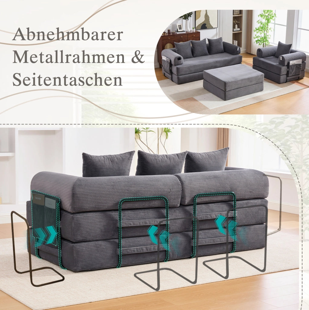 Divano modulare in velluto a coste grigio scuro con pouf