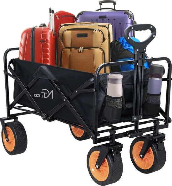 Carrello pieghevole per spiaggia - 2 tasche laterali - contenitore per bicchieri - pneumatici in gomma - capacità di carico 110 kg - carrello da trasporto esterno per campeggio