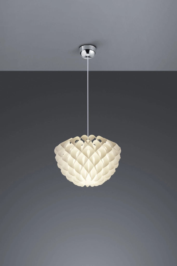 TITLIA SOSPENSIONE METACRILATO BIANCO DECORO ORIGAMI CON MONTATURA METALLO CROMATO D.40CM  1 LUCE ATTACCO E27
