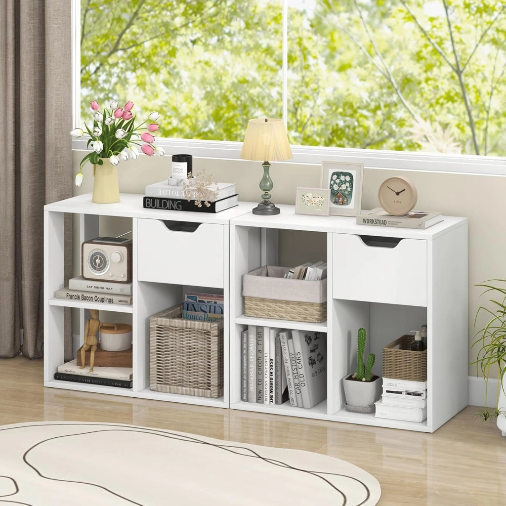 Scaffale portaoggetti con 3 cubi, 60 x 30 x 53 cm, libreria in legno indipendente, 2 livelli con 1 cassetto, mensola da esposizione per soggiorno, studio, ufficio (Bianco)