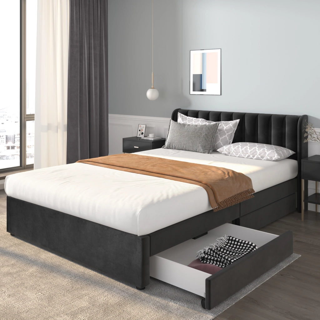 Letto imbottito in velluto nero 160x200 cm con rete a doghe, 2 cassetti e testiera alta