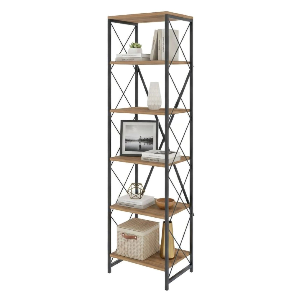 Libreria Yara, Scaffale da ufficio, Mobile portalibri, Biblioteca, 50x30h180 cm, Quercia e Nero