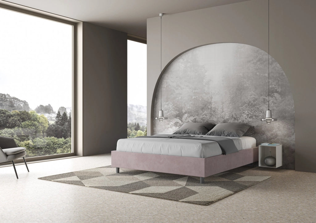 Letto Matrimoniale 160x210 cm con Rete e Contenitore Giroletto con Alzata Comoda Imbottito in Microfibra Azelia Glicine