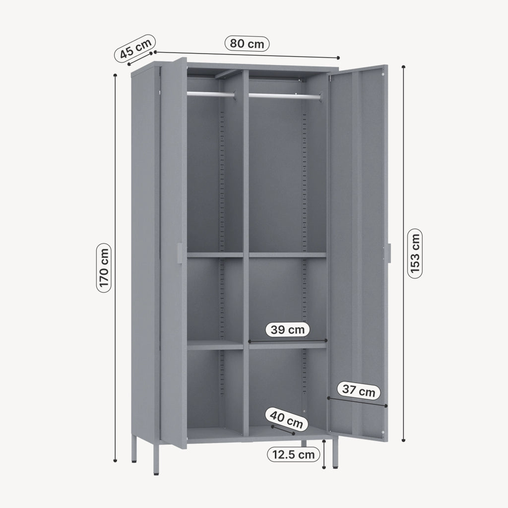 Armadio Guradaroba Esteli in Acciaio a 2 Ante con 2 Barre Appendiabiti e 4 Ripiani 170 x 80 x 45 cm - Grigio [en.casa]