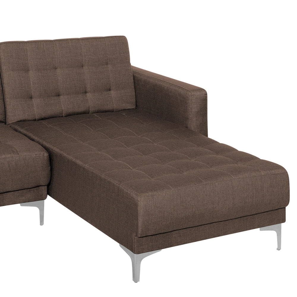 Divano letto angolare in tessuto capitonné marrone moderno a forma di L componibile a 4 posti con ottomana chaise longue versione sinistra
