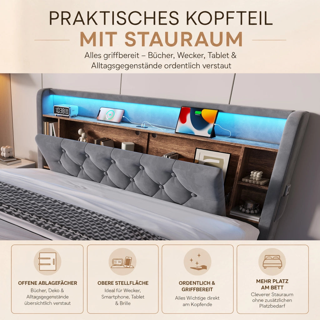 LETTO Contenitore 160x200 cm in velluto grigio scuro con testiera multifunzione