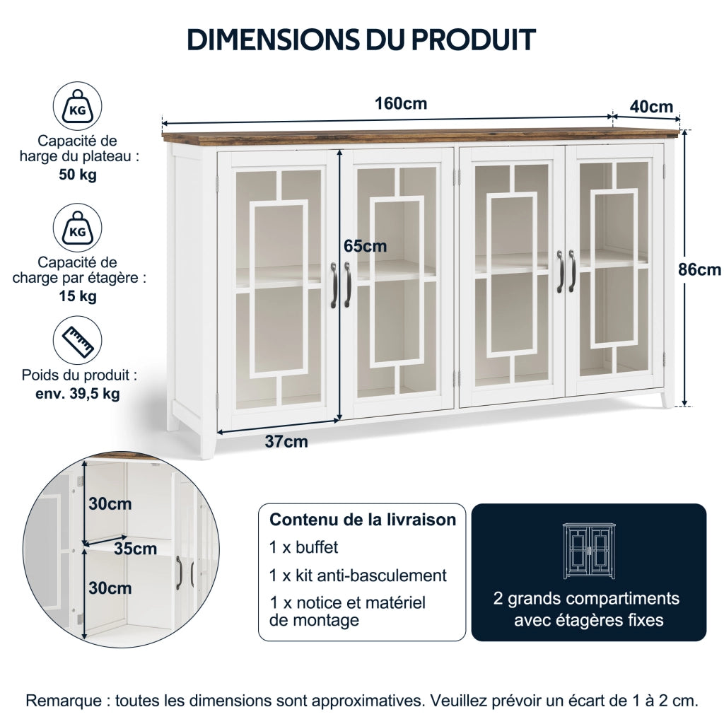 Credenza da cucina con 2 ante in vetro e ripiano - per cucina - in MDF - 160x40x86 cm - bianco
