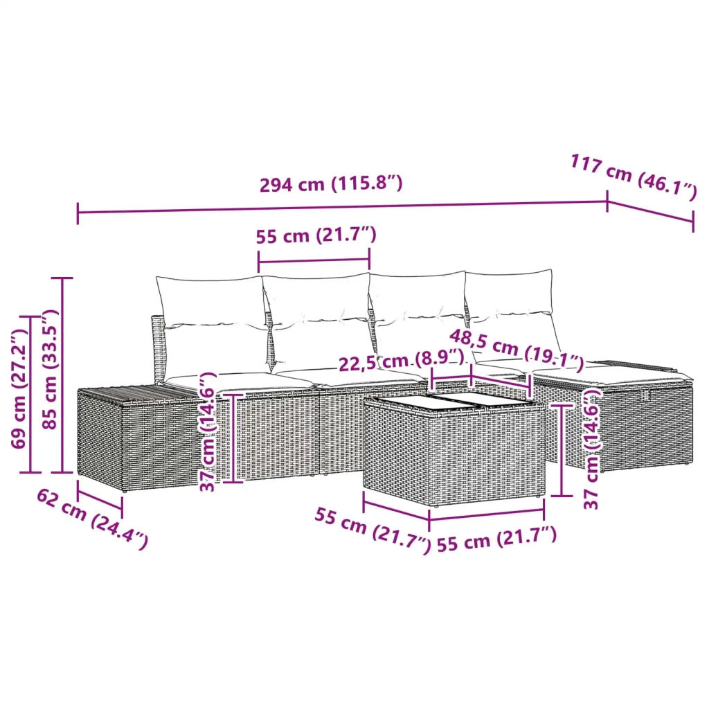 Set Divano da Giardino con cuscino 6 pcs Marrone polyrattan 3359373