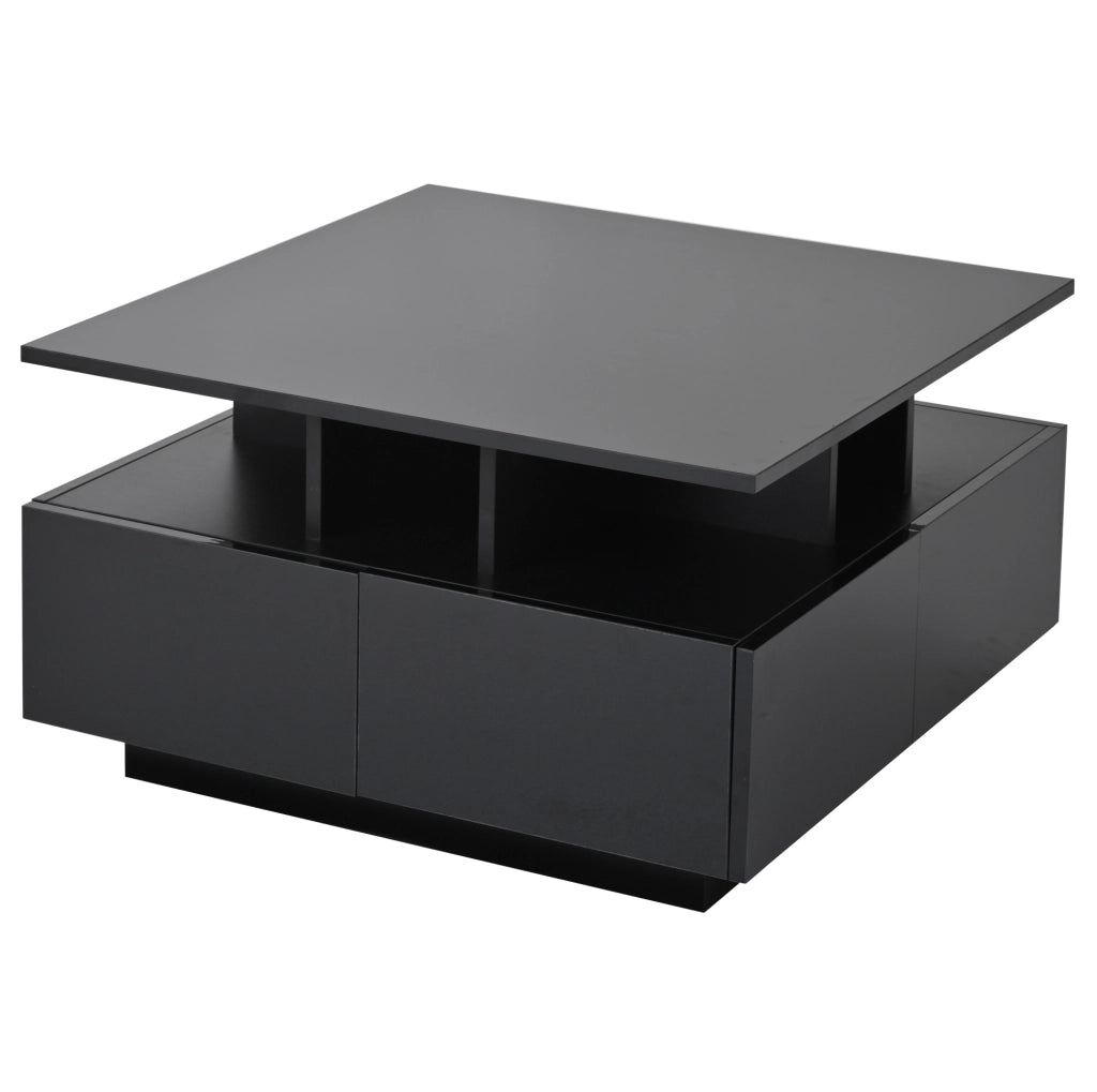 Tavolino da caffè 70x70x40 cm con 4 cassetti; luce LED; finitura lucida; truciolare; nero
