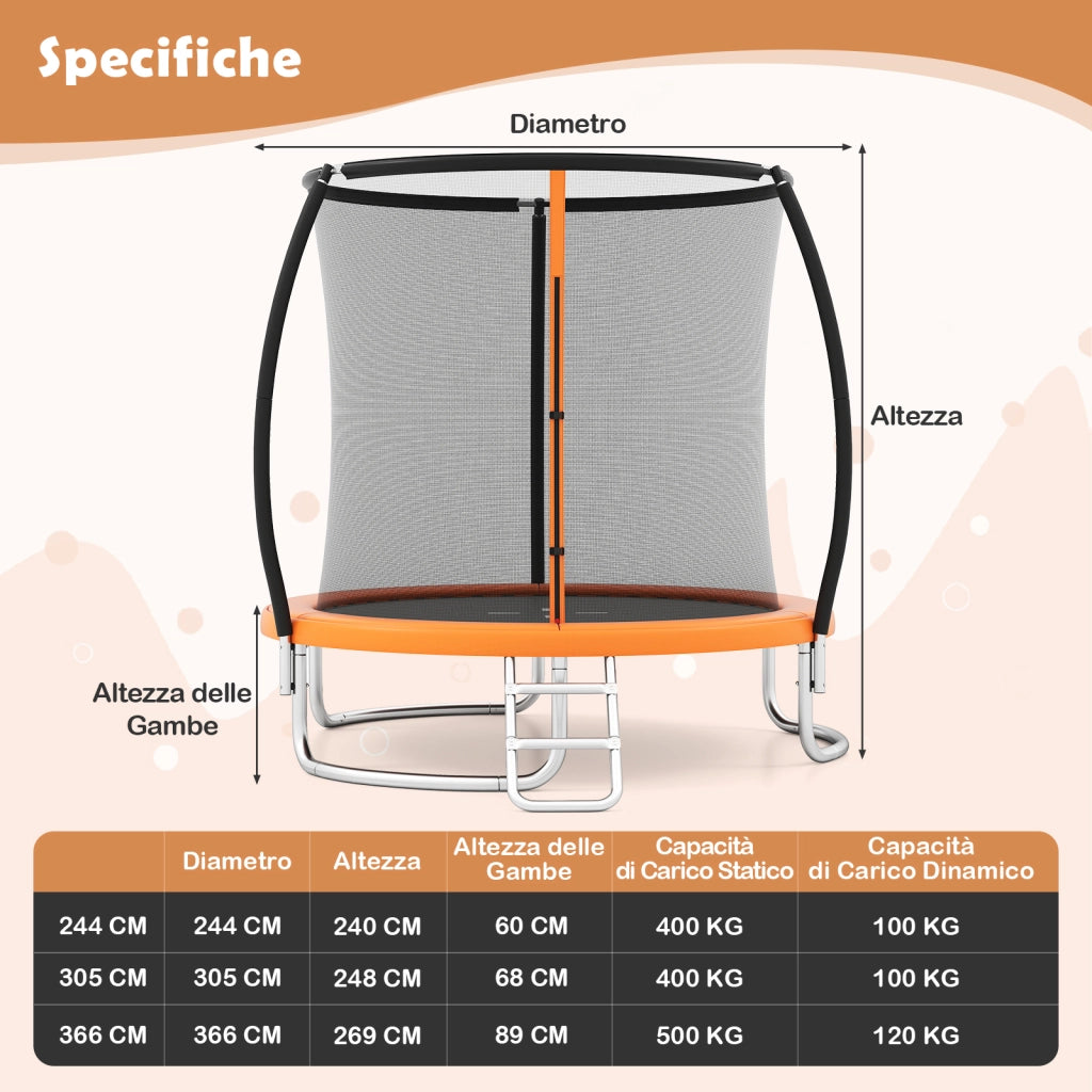 Trampolino da esterno 366 cm con rete di sicurezza e scala-Trampolino ricreativo pesante per bambini e adulti Arancione