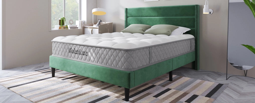 Letto imbottito 140x200 cm con rete a doghe e testiera in velluto verde scuro