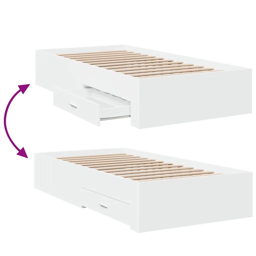 Letto singolo | Letto per adulti | Giroletto con Cassetti Bianco 100x200 cm in Legno Multistrato