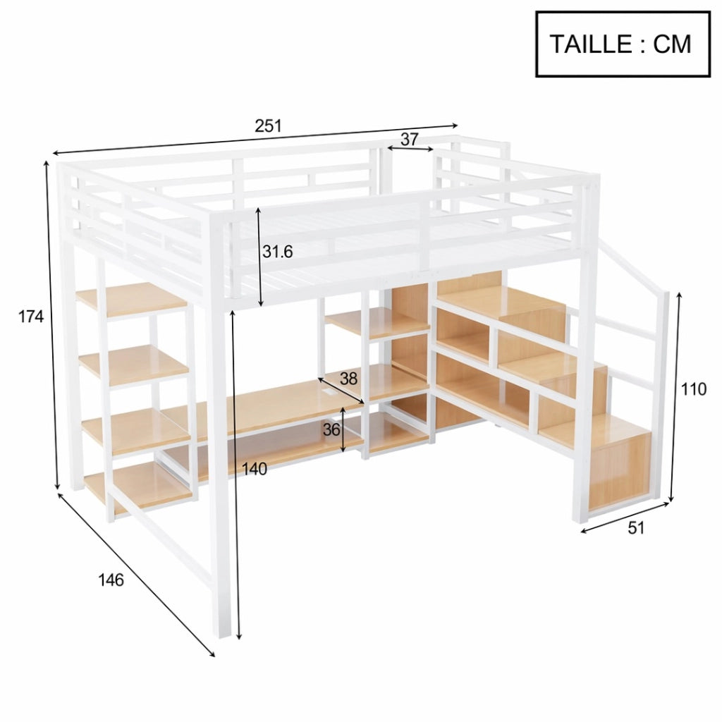 Letto a soppalco 140 × 200 cm con supporto TV, presa elettrica e scala portaoggetti, senza materasso, bianco
